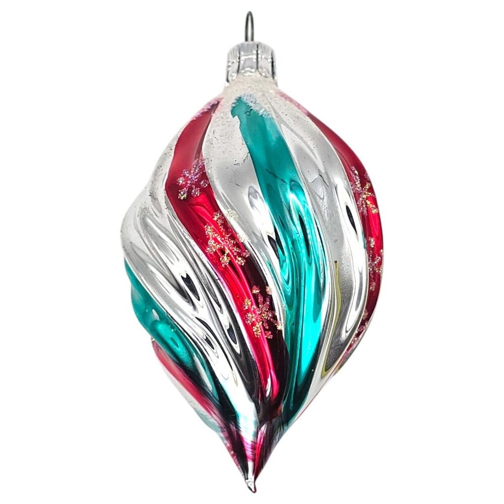 Vtg Czechoslovakian Blown Glass Christmas Ornament Teardrop Swirl Design Glitter
